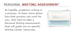 Personal Writing Assessment: At Capella, academic writing is a process. To learn more about how that process can work for you, click here to take a Personal Writing Assessment, that will guide you to specific Writing Center resources.